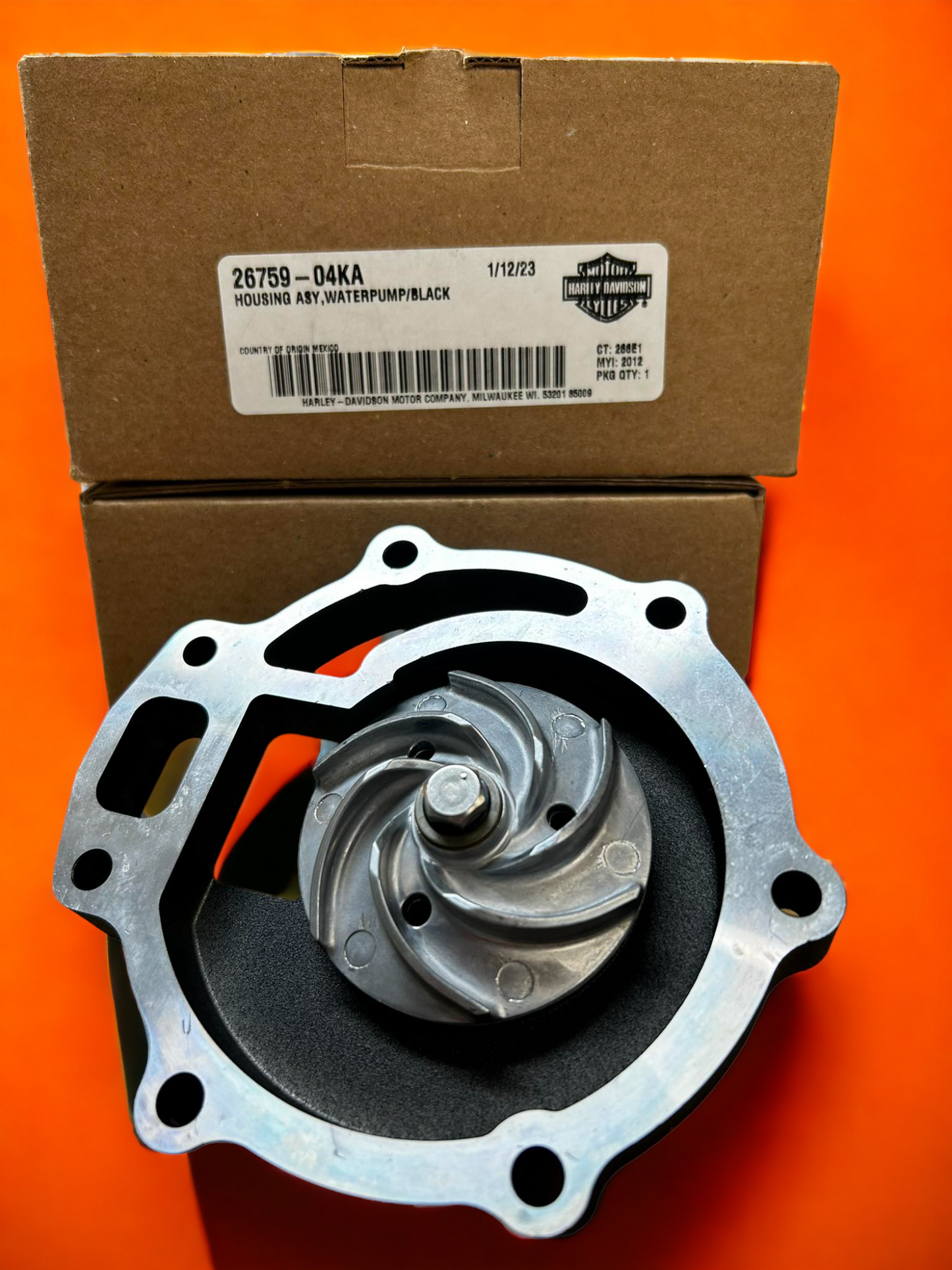 V Rod Water Pump Assembly’s black and platimun